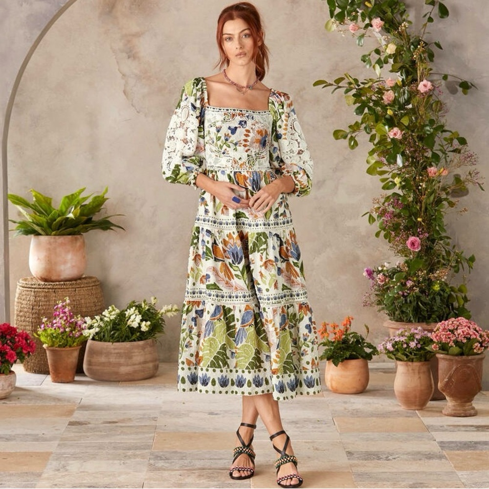 🌺🎉HP🎉🌺 NWOT Farm Rio Summer Garden Lace Midi Dress - Picture 5 of 16